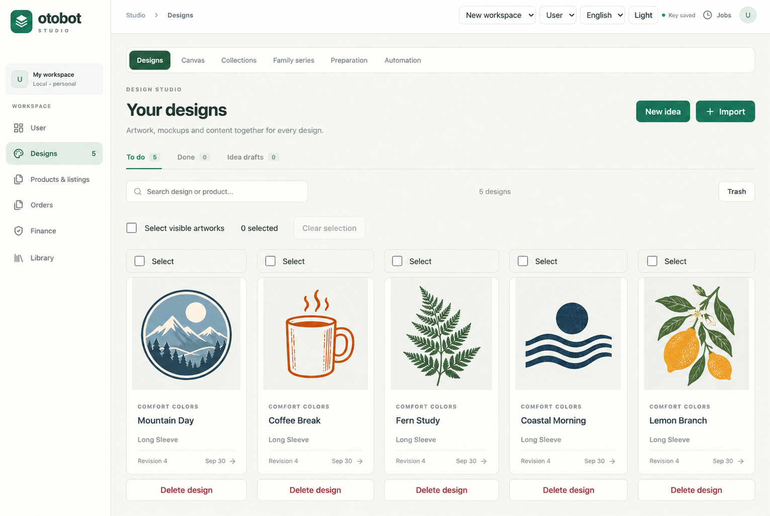 Otobot Studio design workspace with five generic sample designs: mountains, coffee, fern, waves and lemons